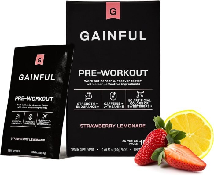 Gainful Pre Workout Powder with Natural Caffeine & L Theanine for Energy & Focus, L Citrulline & Beta Alanine for Endurance, BCAA's for Muscle Recovery, Vegan, Strawberry Lemonade, 10 Ct - Image 2