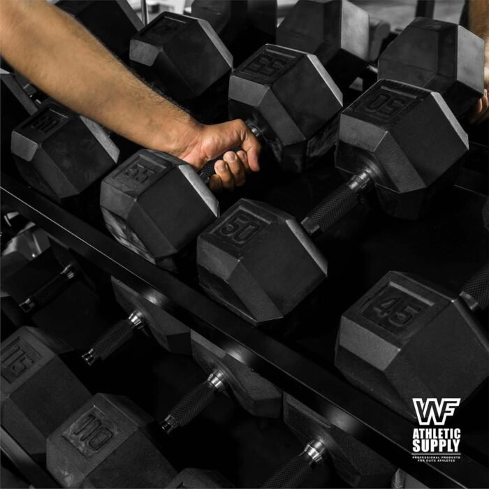 WF Athletic Supply Rubber Encased Hex Dumbbells with Rubber Grip Contoured Handle for Muscle Toning, Strength Building & Full Body Workout - Image 6