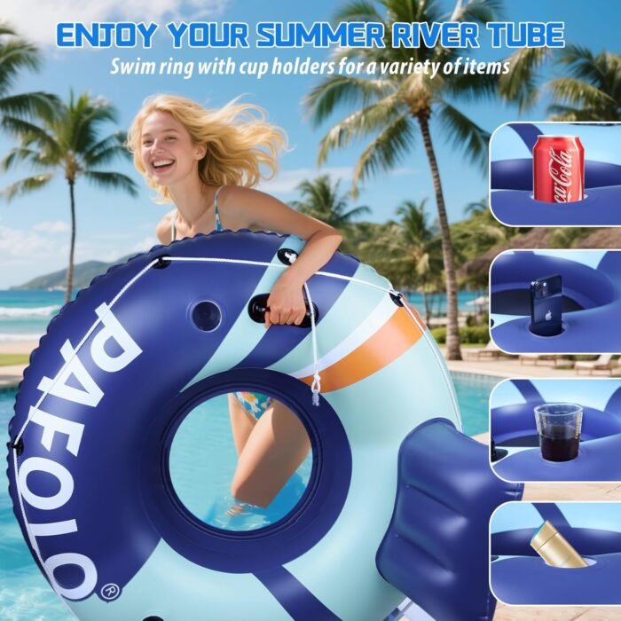 Inflatable River Tube Float, 53‘’Pool Float Adult, River Tubes for Floating Heavy Duty with Mesh Bottom, Water Tubes for Beach Lake Rafting, Comfortable Backrest & Cup Holders,450 lbs Weight Capacity - Image 8