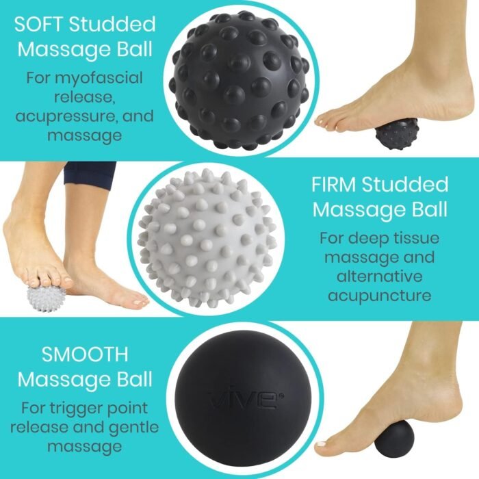 Vive Massage Ball Set (4 Piece) - Plantar Fasciitis Relief Foot Pain Hot Cold Therapy - Heel Spur, Sore Muscle, Trigger Point, Back, Arm, Neck, Shoulder, Leg Circulation Roller - FSA HSA Eligible - Image 3