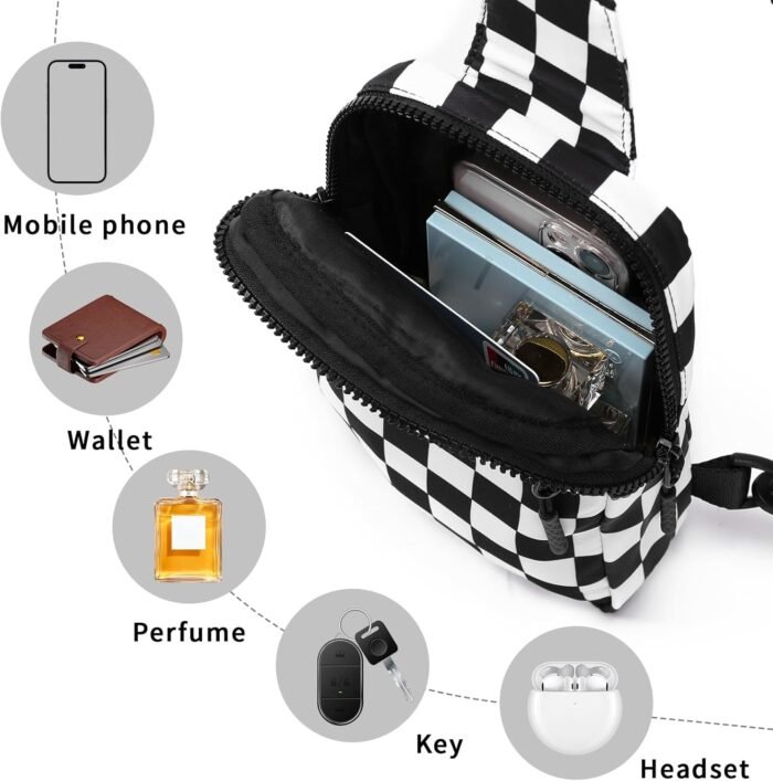 Small Checkered Crossbody Sling Bag Chest Bag Water Resistant Fanny Pack Running Phone Holder for Women Men Workout Travelling Hiking(Black) - Image 7