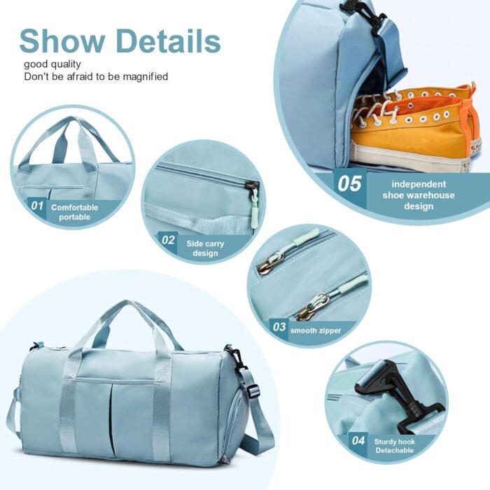 ZGWJ Sports Gym Bag with Wet Pocket & Shoes Compartment, Waterproof Shoulder Weekender Bag for Women and Men Swim Sports Travel Gym Bag Lightweight and easy Carry on Light Blue - Image 6