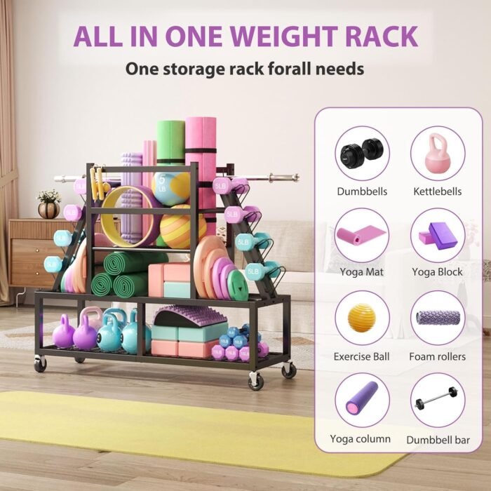 Dumbbell Rack Weight Rack Storage-Large Dumbbells Rack Home Gym Storage,Multilevel Workout Storage Organizer with Wheels and Barbell Holder,Perfect for Yoga Mat Balls Kettlebells and Fitness Gear,black - Image 8
