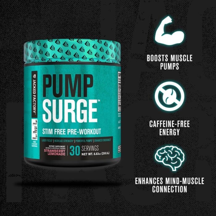Jacked Factory Pumpsurge Caffeine Free Pre Workout for Men & Women - Nootropic Booster & Stim Free Pre Workout - Intense Pumps, Enhanced Focus - 30 Servings, Strawberry Lemonade - Image 5