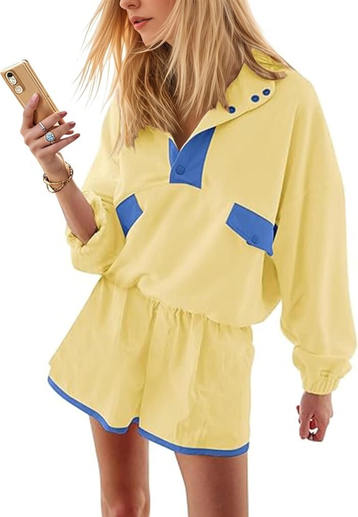 Womens 2 Piece Short Sets Loose Color Block Sweatshirts Short Set and Summer Long Sleeve Pullover Tracksuit with Pocket - Image 2