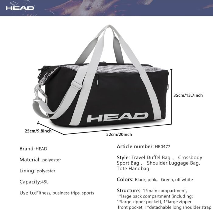 HEAD 45L Waterproof Gym Duffel Bag for Women & Men, Large Capacity Crossbody Sport Travel Bags for Fitness/Yoga, Lightweight Shoulder Tote Bag for Weekender Overnight/Business Workout(Beige) - Image 5