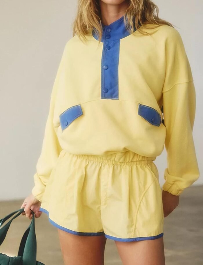 Womens 2 Piece Short Sets Loose Color Block Sweatshirts Short Set and Summer Long Sleeve Pullover Tracksuit with Pocket - Image 3