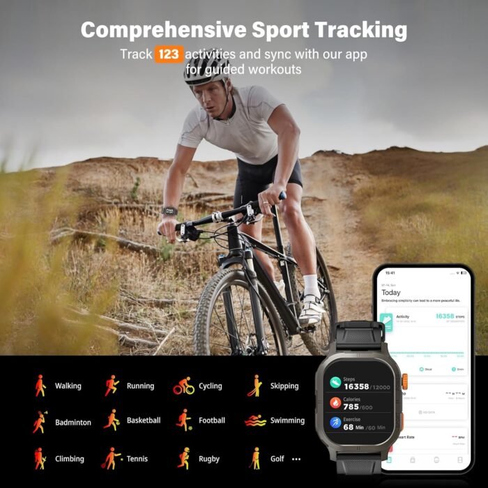 Smart Watch, Activity Tracker, Heart Rate Monitor, Voice Control, Notifications, Cycle Tracking, Time Display, Phone Call, Alarm Clock 2.13‘’ AMOLED 5ATM Waterproof 45mm N M (Tactical, Black) - Image 3