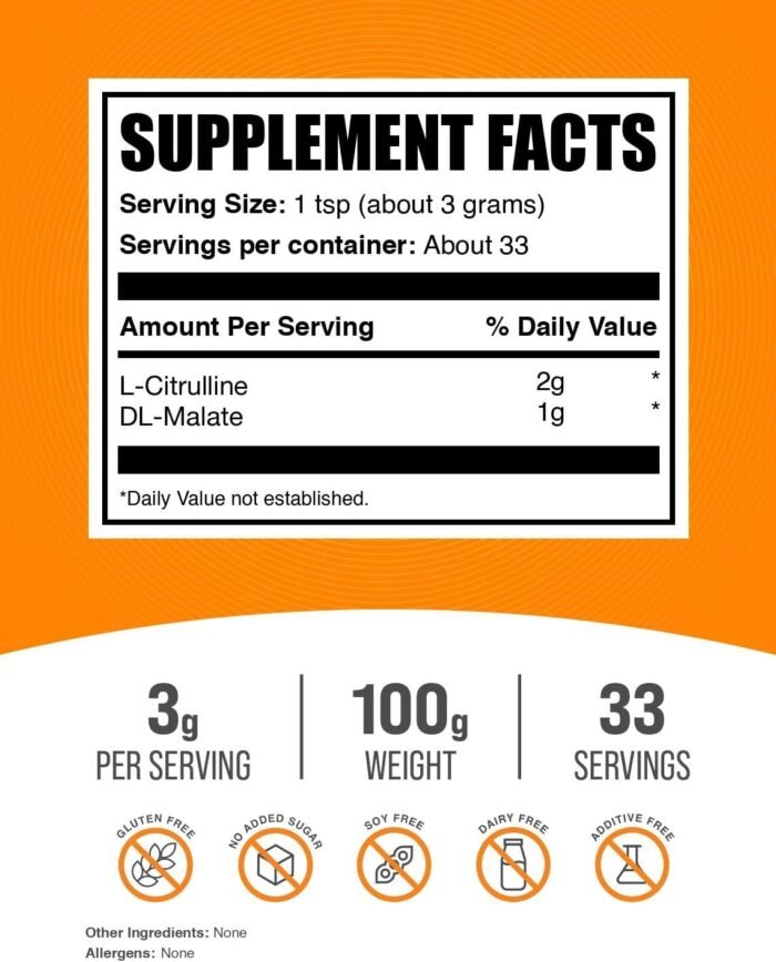 BulkSupplements.com L-Citrulline Malate 2:1 Powder - Nitric Oxide Boost, Citrulline Malate Supplement - Unflavored & Gluten Free - 3g per Servings, 100g (3.5 oz) (Pack of 1) - Image 3