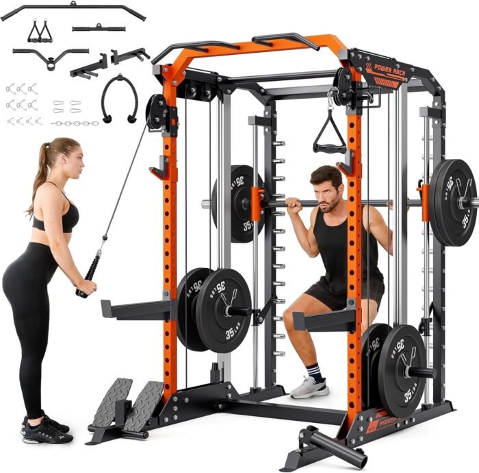 YOLEO Smith Machine with Independent Dual-Pulley System, 1700LBS Adjustable Cable Crossover Squat Rack, Multi-Functional Power Cage for Home Gym with More Workout Equipment LAT Pulldown Bar & Dip Bar - Image 2