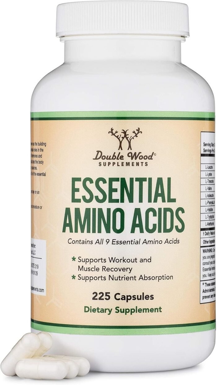 Essential Amino Acids - 1 Gram Per Serving Powder Blend of All 9 Essential Aminos (EAA) and All Branched-Chain Aminos (BCAAs) (Leucine, Isoleucine, Valine) 225 Capsules, Gluten Free by Double Wood - Image 2