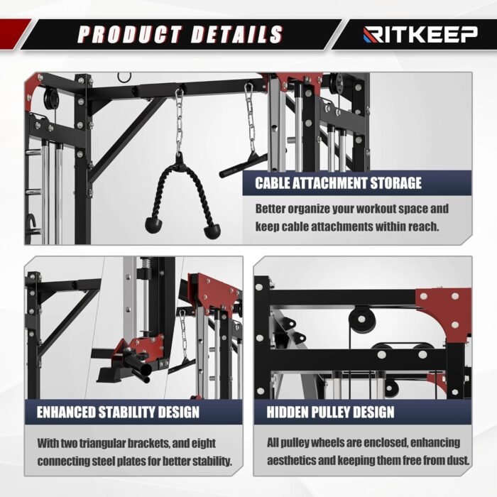 RitKeep PMAX 5600 Home Gym SmithΔ Machine, 6-in-1 Strength Training System with 326lb Dual Weight Stacks, Multi-Accessories Including Chin-up, Dip Bar, Low Row and Landmine. - Image 7