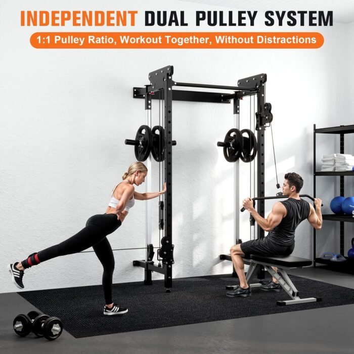 Folding Squat Rack - Wall Mounted Power Rack Cage with Cable Crossover Machine & LAT Pull Down - Functional Home Gym Trainer with 5 Adjustable Modes - with Safety Arm and Dips Attachment - Image 5