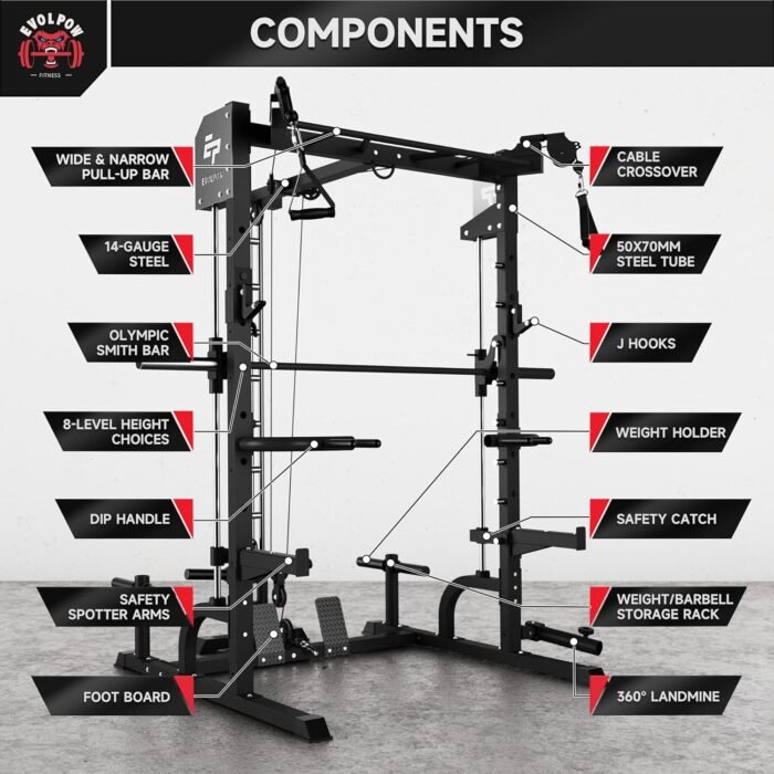 EVOLPOW Squat Rack with Pulley System, Smith Bar, J-Hooks, Dip Handles, Landmine Attachment, Multi-Functional Power Cage with Optional Bench, Weight Plates for Home Gym - Image 4