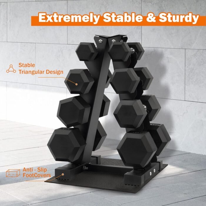Rubber Coated Hex Dumbbell Weight Set and Storage Rack, 100LB Set or 150LB Set, 5-20 lbs Pairs or 5-25 lbs Pairs - Image 7