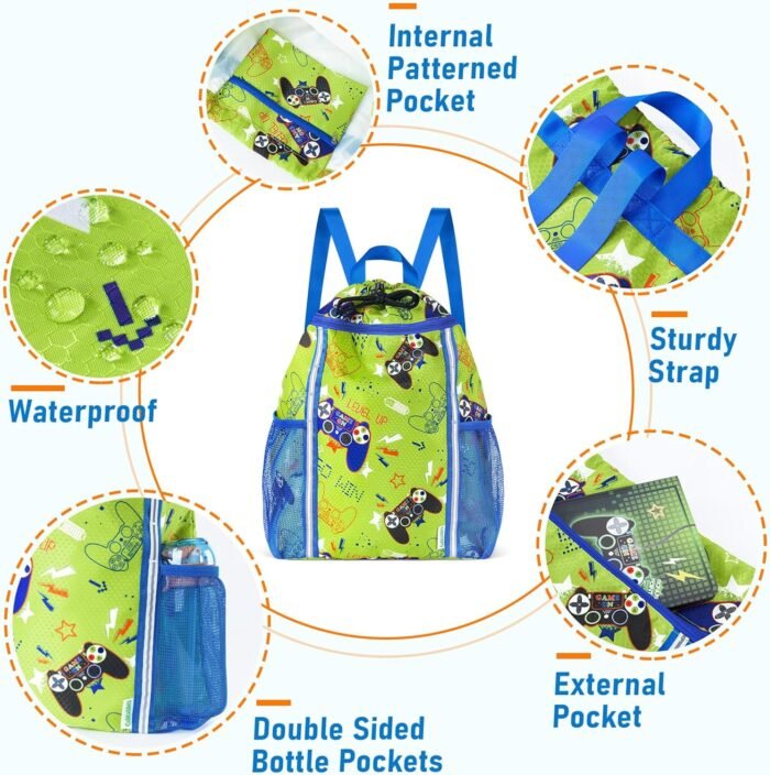 WAWSAM Kids Gym Drawstring Backpack String Bag, Game Sports Gym Bag for Kids Boys Waterproof Swimming Beach String Cinch Backpack with Two Water Bottle Pocket - Image 6