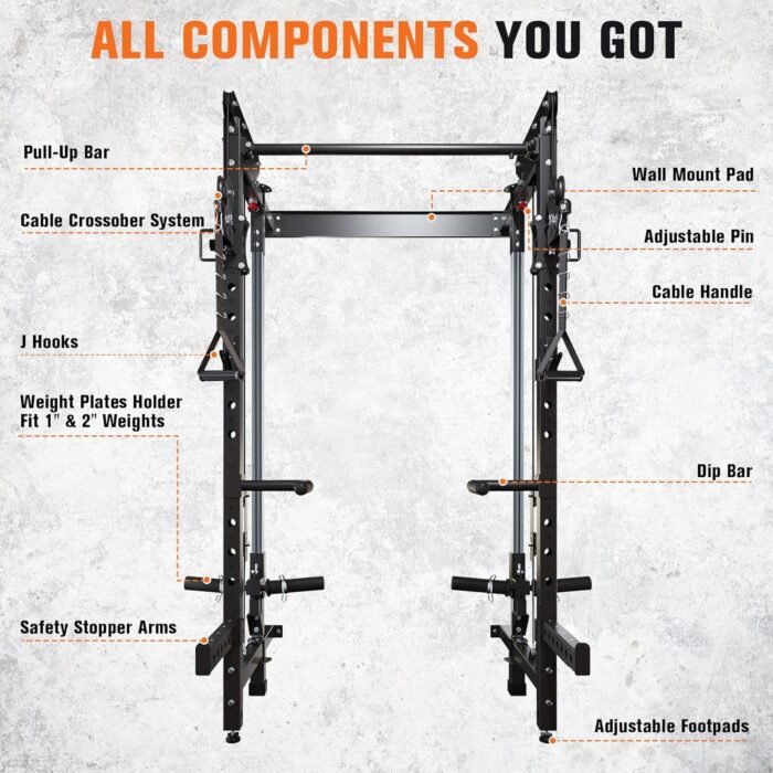 Folding Squat Rack - Wall Mounted Power Rack Cage with Cable Crossover Machine & LAT Pull Down - Functional Home Gym Trainer with 5 Adjustable Modes - with Safety Arm and Dips Attachment - Image 9