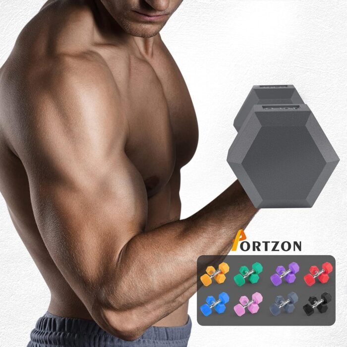Portzon 8 Colors Options Compatible with Set of 2 Rubber Dumbbell Weight, 5-50 LB, Anti-Slip, Anti-roll, Hex Shape - Image 8