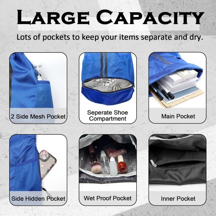 Sports Drawstring Backpack, Gym Bag with Water Bottle Holder Pockets, Shoe Compartment, Waterproof Pocket, Drawstring Bag for Women Men - Image 5