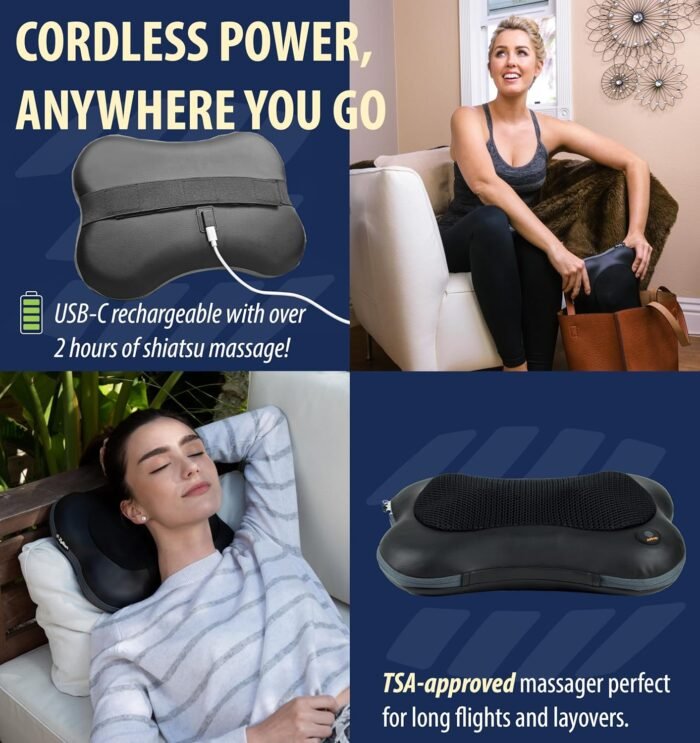 Zyllion Shiatsu Back and Neck Massager with Heat (FSA HSA Eligible) Cordless Rechargeable 3D Electric Kneading Deep Tissue Massage Pillow for Muscle Pain Relief on Shoulder, Leg, Foot ZMA-13RB - Image 4