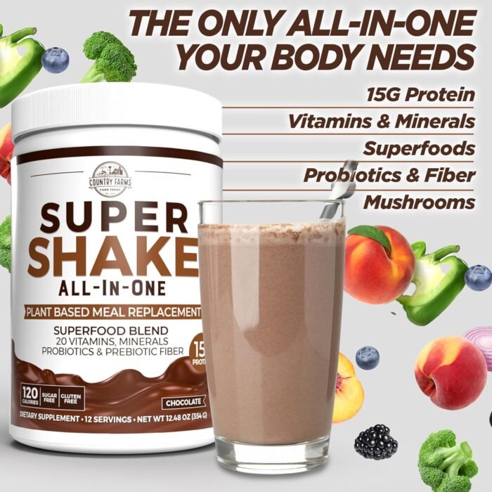 Country Farms All-in-One Super Shake Meal Replacement 15g Plant Protein Dietary Supplement with Superfoods, Vitamins, Probiotics and Prebiotics, 12 Servings, Chocolate, 12.48 Oz - Image 4