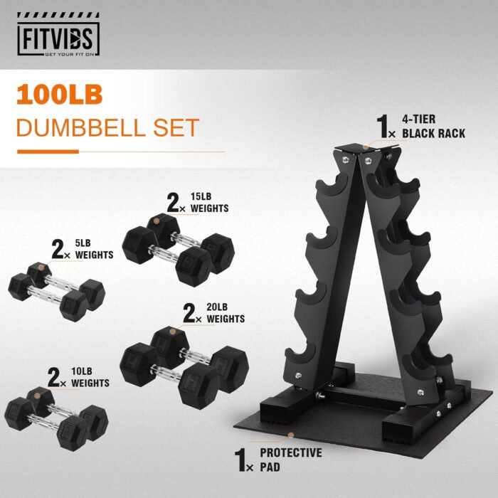 Rubber Coated Hex Dumbbell Weight Set and Storage Rack, 100LB Set or 150LB Set, 5-20 lbs Pairs or 5-25 lbs Pairs - Image 3