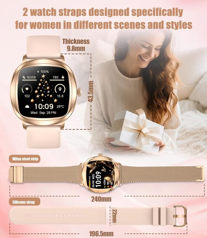 Women's 2pc Band Sports Watch/Smart Watch 1.72" Fitness Tracker with Heart Rate Monitor, 100+ Sports Modes, Sleep Tracking, 7-Day Battery, IP68 Waterproof (Gold) - Image 8