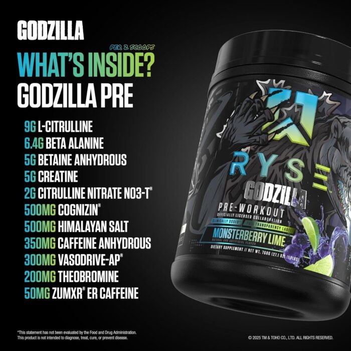 RYSE Godzilla X Noel Deyzel Pre Workout Powder - Monsterberry Lime - 400mg Caffeine, High Stim Pre-Workout for Men & Women with Citrulline & Beta Alanine - Energy, Pump & Focus - 20/40 Servings - Image 5
