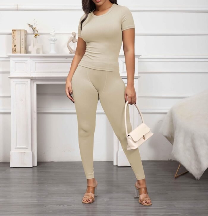 PINSV 2 Piece Sets for Women Summer Casual Jogger Workout Outfits Fitted Crew Neck T-shirt High Waist Legging Sets - Image 6