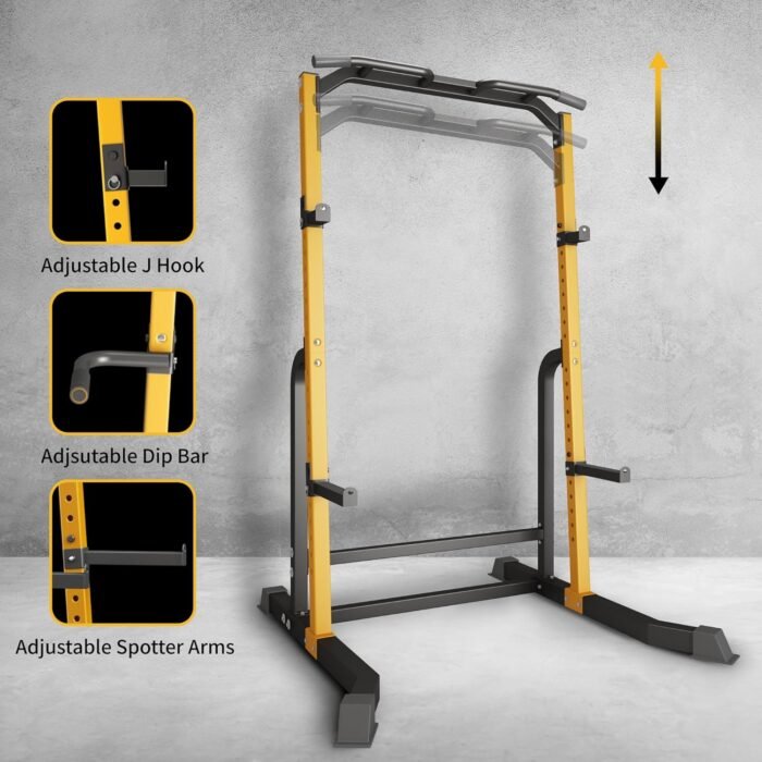 Power Cage - Heavy Duty 1000lb Capacity Squat Rack with Pull-Up Bar & Spotter Arms, Adjustable Home Gym Power Rack for Strength Training, Space-Saving Design (Yellow) - Image 4