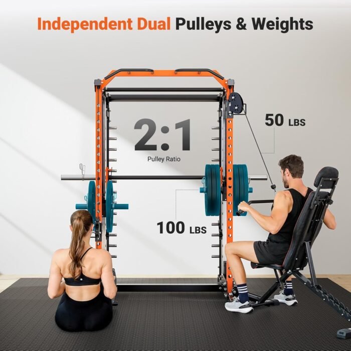YOLEO Smith Machine with Independent Dual-Pulley System, 1700LBS Adjustable Cable Crossover Squat Rack, Multi-Functional Power Cage for Home Gym with More Workout Equipment LAT Pulldown Bar & Dip Bar - Image 5