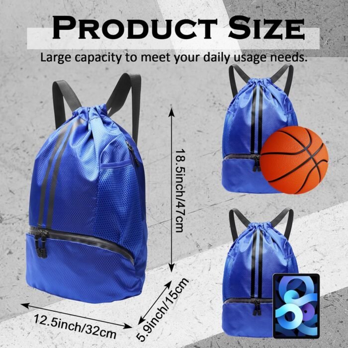 Sports Drawstring Backpack, Gym Bag with Water Bottle Holder Pockets, Shoe Compartment, Waterproof Pocket, Drawstring Bag for Women Men - Image 3