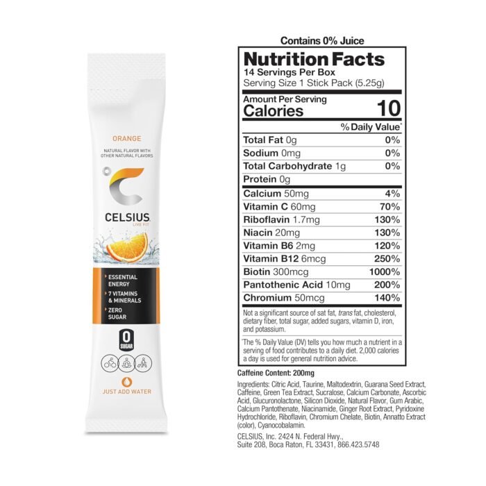 CELSIUS On-the-Go Powder Stick Zero Sugar (14 Sticks per Pack), Orange, 2.60 Oz - Image 4
