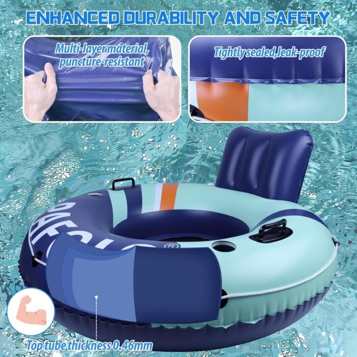 Inflatable River Tube Float, 53‘’Pool Float Adult, River Tubes for Floating Heavy Duty with Mesh Bottom, Water Tubes for Beach Lake Rafting, Comfortable Backrest & Cup Holders,450 lbs Weight Capacity - Image 5
