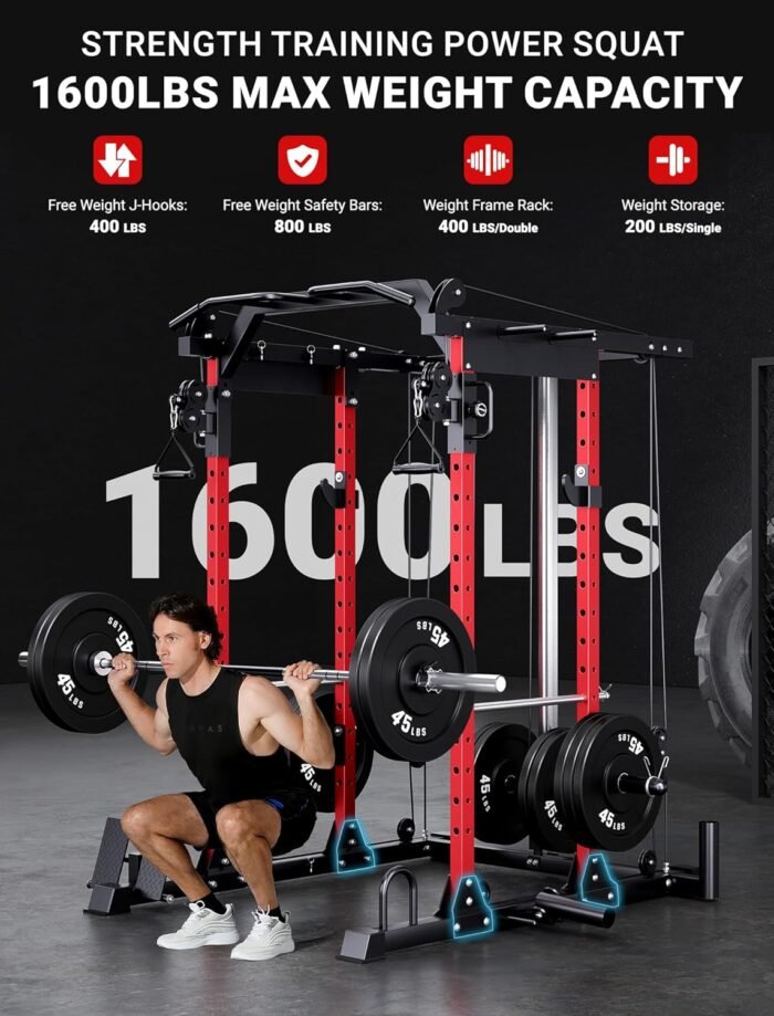 YOLEO Smooth Dual Pulley System Power Cage, 1600LBS Adjustable Cable Crossover Power Rack, Multi-Functional Squat Rack for Home Gym with More Training Attachment - Image 5