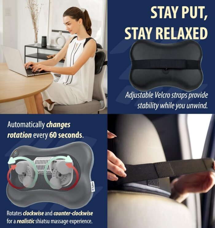 Zyllion Shiatsu Back and Neck Massager with Heat (FSA HSA Eligible) Cordless Rechargeable 3D Electric Kneading Deep Tissue Massage Pillow for Muscle Pain Relief on Shoulder, Leg, Foot ZMA-13RB - Image 5