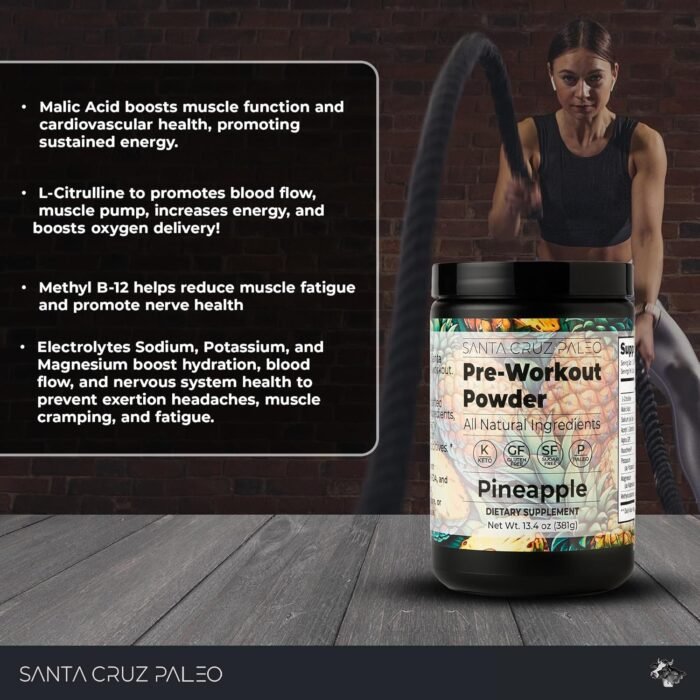 Santa Cruz Paleo Pre Workout Powder with Caffeine & Electrolytes, Magnesium, Potassium, Sea Salt & L Citrulline, Sugar Free Preworkout Drink Mix for Energy & Hydration, Pineapple Flavor, 30 Servings - Image 4