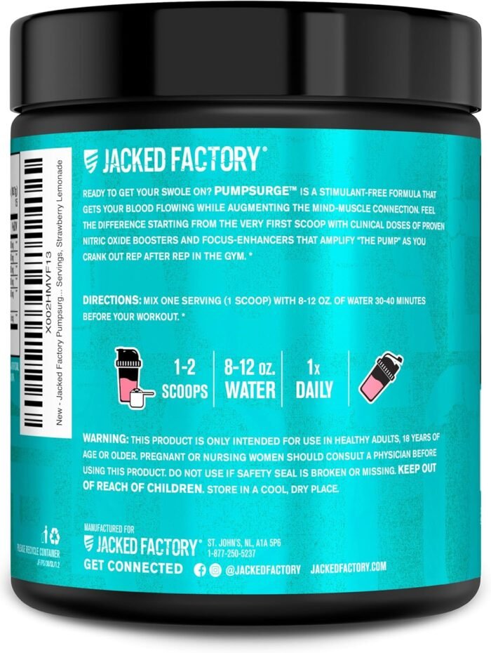 Jacked Factory Pumpsurge Caffeine Free Pre Workout for Men & Women - Nootropic Booster & Stim Free Pre Workout - Intense Pumps, Enhanced Focus - 30 Servings, Strawberry Lemonade - Image 10