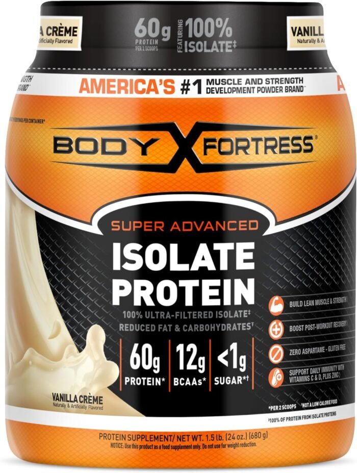 Body Fortress 100% Ultra-Filtered Isolate Protein Powder, Vanilla, 60g Protein & 12g BCAAs Per 2 Scoops, Muscle Gain & Recovery, Immune Support with Vitamins C & D, 1.5lbs,Packaging May Vary - Image 2