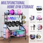 WUC Dumbbell Rack, Adjustable Weight Rack for Home Gym Storage for Dumbbells Kettlebells Yoga Mat & Balls, All in One Workout Equipment Storage Rack with Wheels, Powder Coated Steel, Black - Image 9