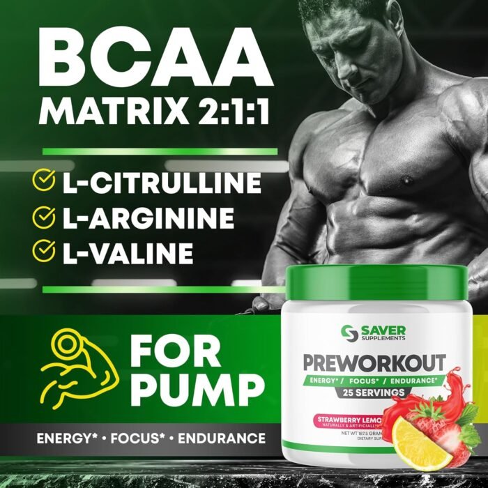 Pre Workout Powder with Beta Alanine, Creatine Monohydrate, BCAA, L Citrulline, L Arginine and Caffeine - Strawberry Lemonade Flavor - 25 Servings - Image 4