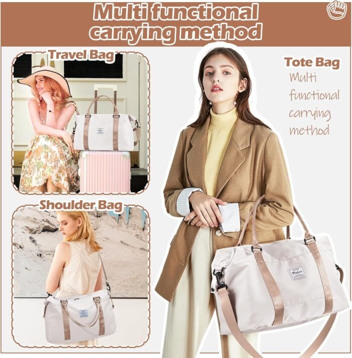 Gym Bag Womens Mens with Wet Pocket, Travel Duffel Bag for Plane, Sport Gym Tote Bags Swimming Yoga, Waterproof Weekend Overnight Carry on Bag Hospital Holdalls，Off White - Image 3