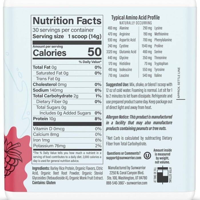 Sunwarrior Clear Protein Powder Plant-Based Water Mix, Vegan and Refreshing Protein and Hydration Supplement 10g Per Serving Raspberry Flavored 420g Tub 30 Servings - Image 3