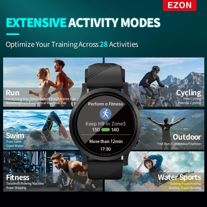 EZON R7 GPS Running Watch,Dual-Band GNSS,Optical Heart Rate Monitor,Over 28 Workout Modes,Training & Fitness Assessment,Lightweight Sports Watch for Triathlon,Marathon,Trail Run (Upgraded) - Image 6