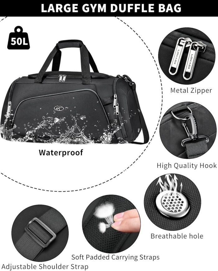 LOKASS Gym Bag for Men/Women-Duffle Sports Bag with Shoe Compartment, Carry On Weekender/Overnight Bag, Waterproof Gym Backpack Travel Bag for Camping (Black，Large) - Image 7
