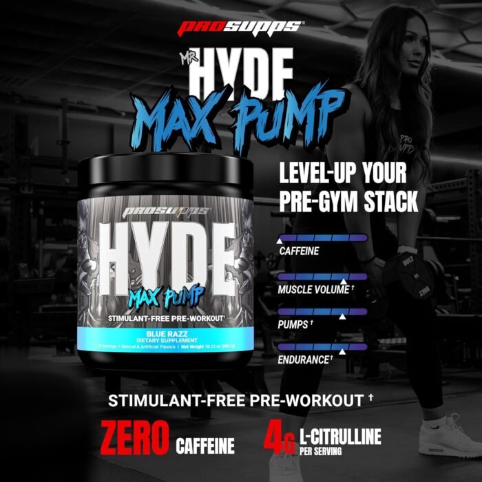 PROSUPPS Mr. Hyde Max Pump Pre Workout Powder - Stim-Free Preworkout Supports Blood Flow, Muscle Volume & Endurance - Caffeine-Free Nitric Oxide Gym & Fitness Supplements (Blue Razz, 20 Servings) - Image 3