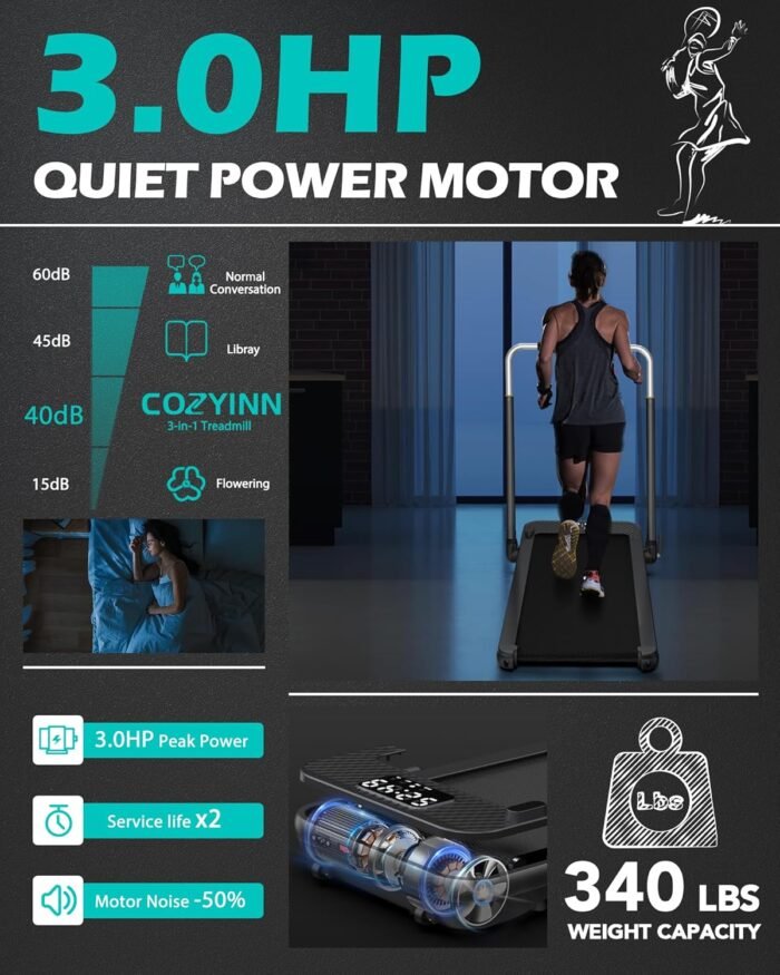 COZYINN 3-in-1 Walking Pad Treadmill with 10% Fat Burning Incline with Transport wheels, Voice Control & 3.0HP Motor | 4MPH /7.6 MPH, 265 lbs /340 lbs Capacity | Wide Anti-Slip Belt & Shock Absorption - Image 3