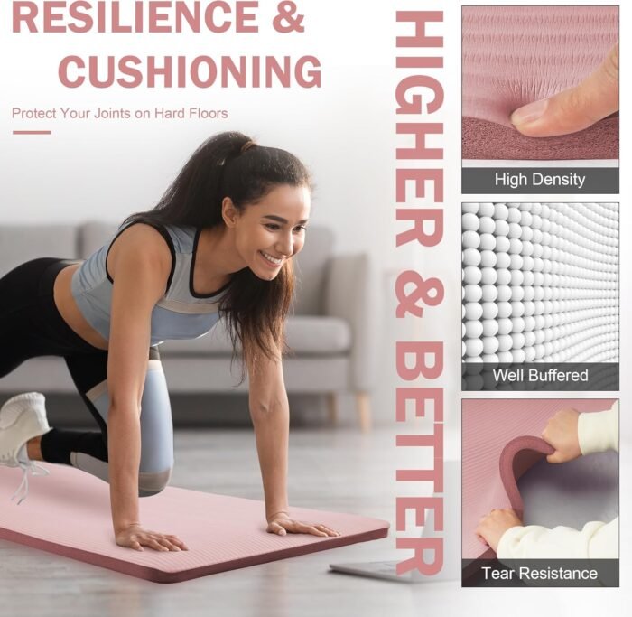 Yoga Mat 1-Inch Extra Thick High-Density Exercise Mat with Non-Slip Surface & Carry Strap for Men & Women Tear-Resistant Pilates Workout Mat for Home Gym, Floor Fitness, Pale Pinkish - Image 5