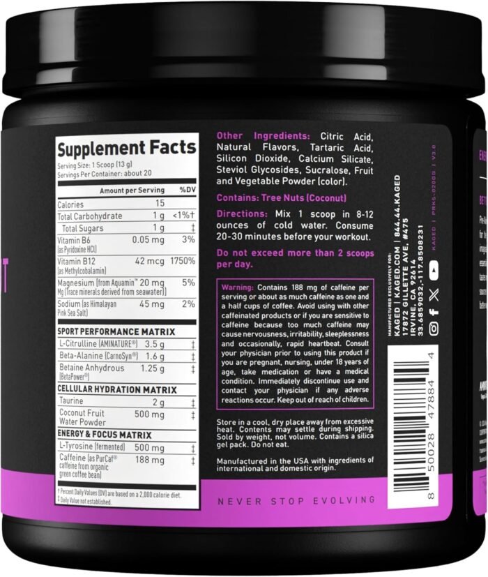 Kaged Sport Pre Workout Powder for Men & Women, Glacier Grape, Sport Certified, 188mg Caffeine, Nitric Oxide Supplement, Beta Alanine for Energy, Weightlifting, Cardio Endurance, Strength, 20 Servings - Image 9