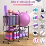 5 Tier Dumbbell Rack, Yoga Mat Storage Holder, Home Gym Storage Rack, Workout Equipment Storage Organizer, Weight Storage Holder Rack with Hooks and Wheels - Image 5